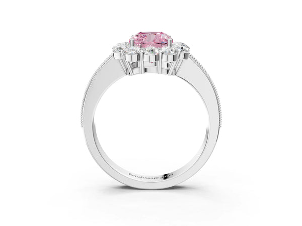 Platinum Fancy Pink Cushion Cut Cut Halo Diamond Pavé Engagement Ring with Milgrain Detailing