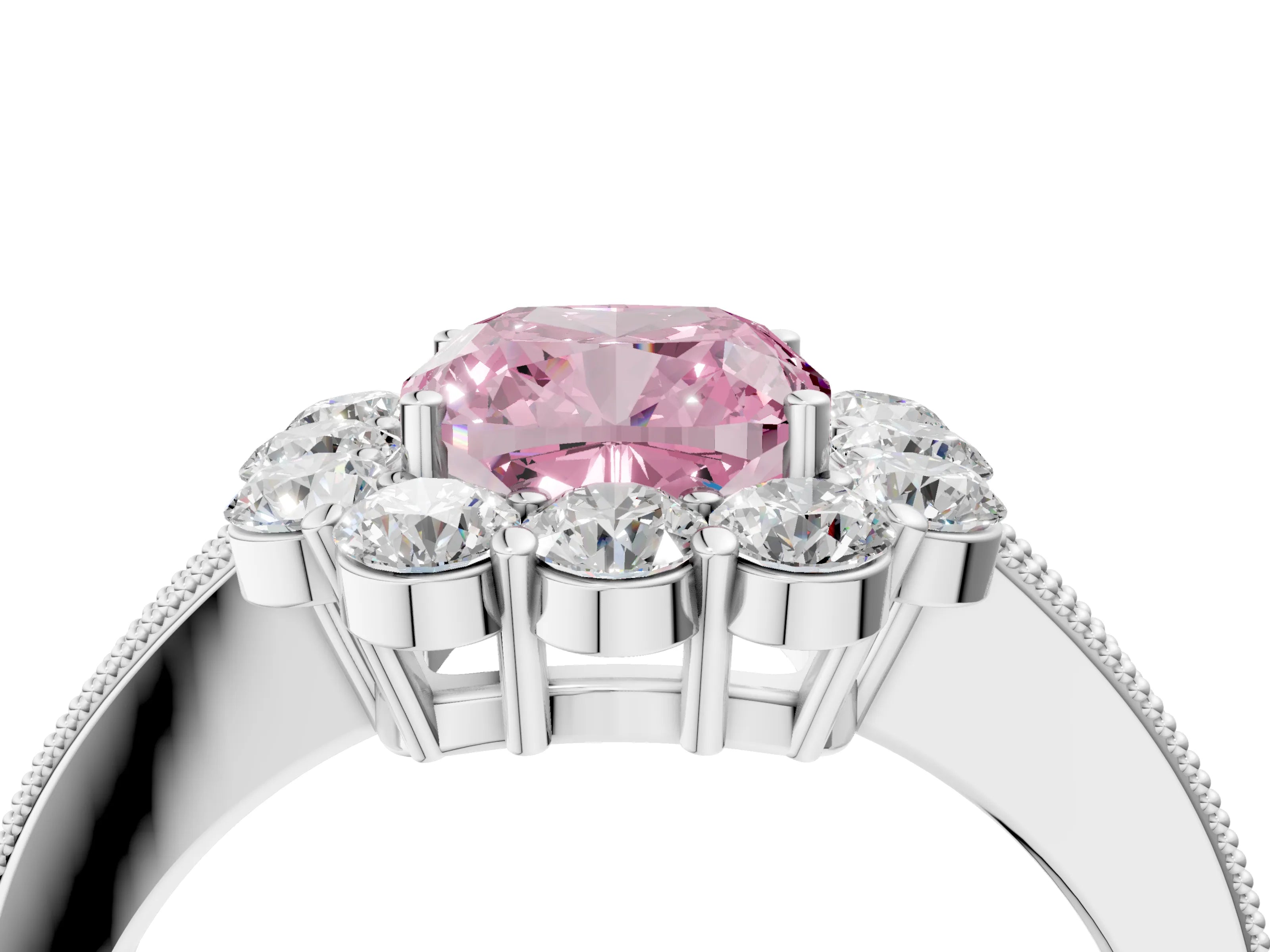 White gold Fancy Pink Cushion Cut Cut Halo Diamond Pavé Engagement Ring with Milgrain Detailing_28