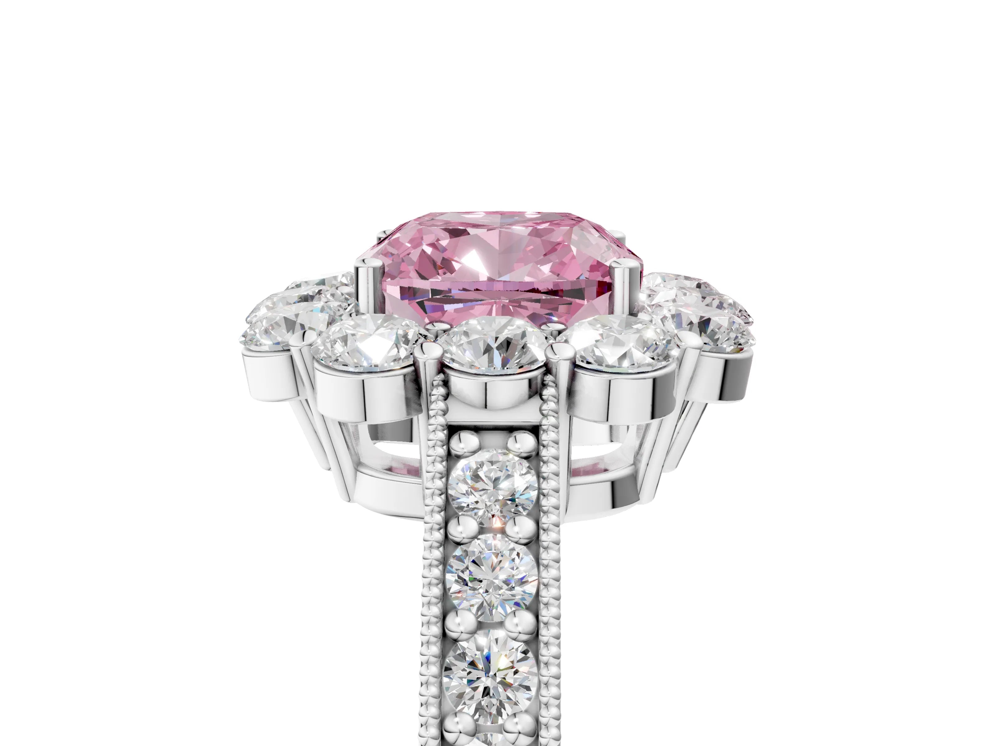 White gold Fancy Pink Cushion Cut Cut Halo Diamond Pavé Engagement Ring with Milgrain Detailing_29