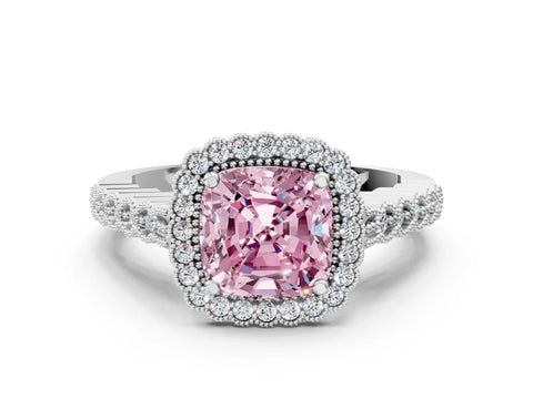 White gold Fancy Pink Cushion Cut Cut Halo Pavé Solitaire Ring with Milgrain Band_12