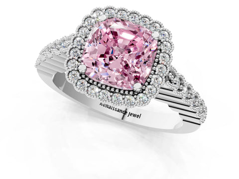 White gold Fancy Pink Cushion Cut Cut Halo Pavé Solitaire Ring with Milgrain Band_13