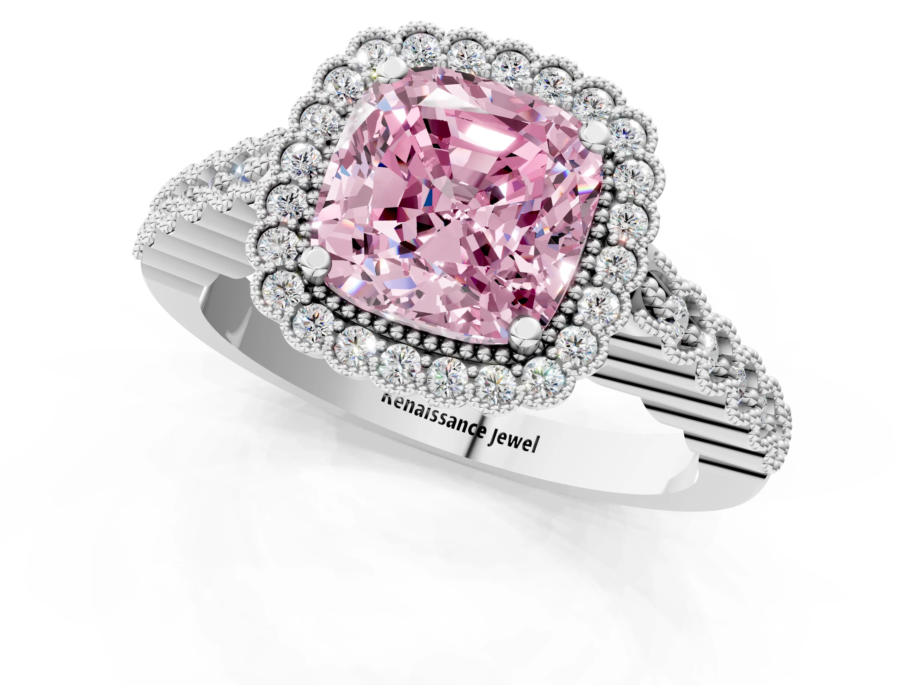 White gold Fancy Pink Cushion Cut Cut Halo Pavé Solitaire Ring with Milgrain Band_13