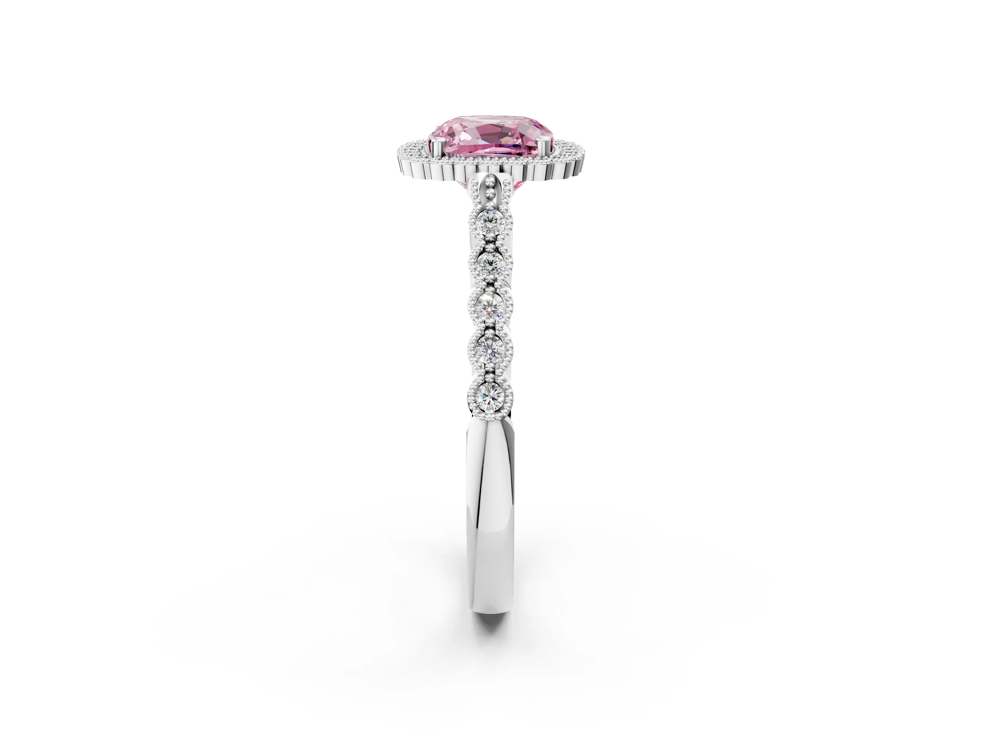 White gold Fancy Pink Cushion Cut Cut Halo Pavé Solitaire Ring with Milgrain Band_14