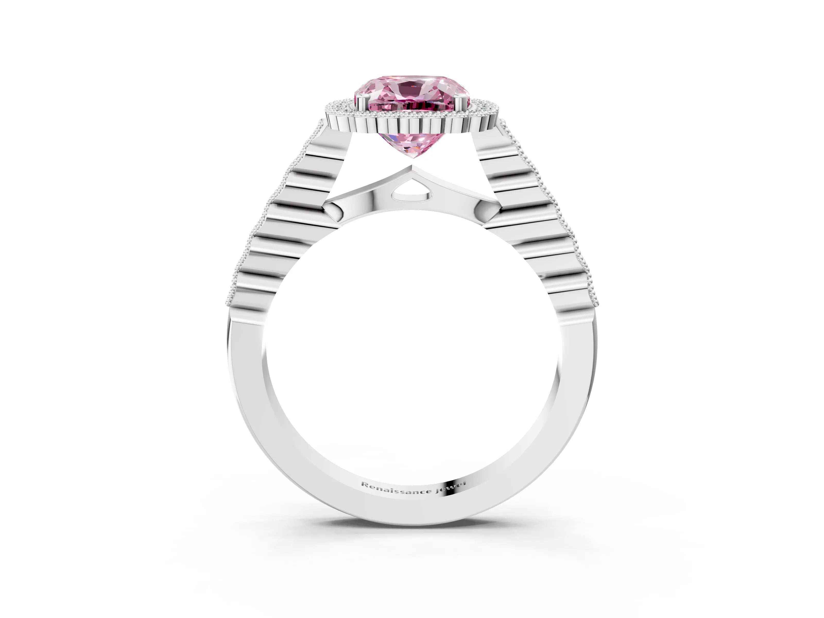 White gold Fancy Pink Cushion Cut Cut Halo Pavé Solitaire Ring with Milgrain Band_15