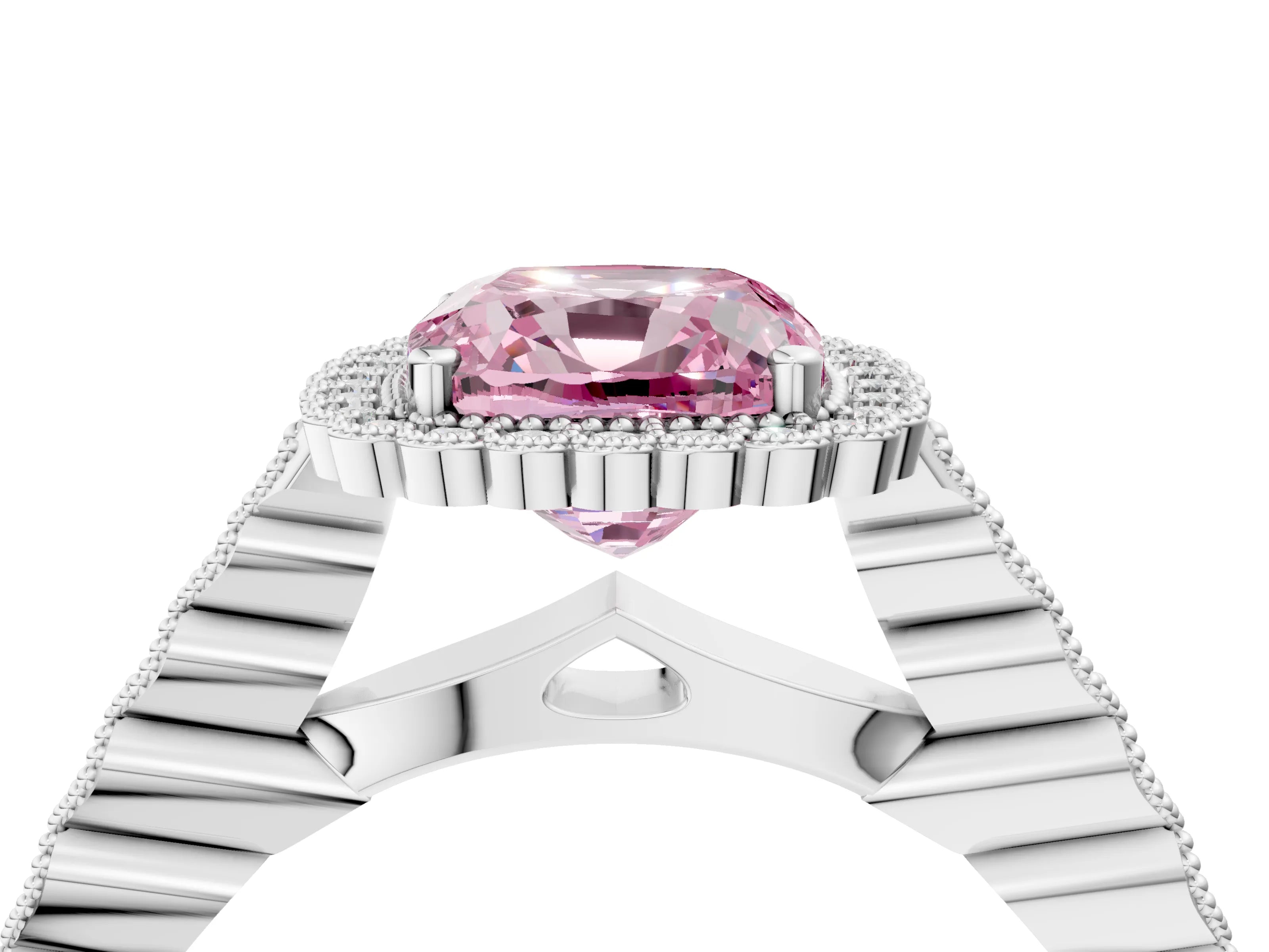 White gold Fancy Pink Cushion Cut Cut Halo Pavé Solitaire Ring with Milgrain Band_16