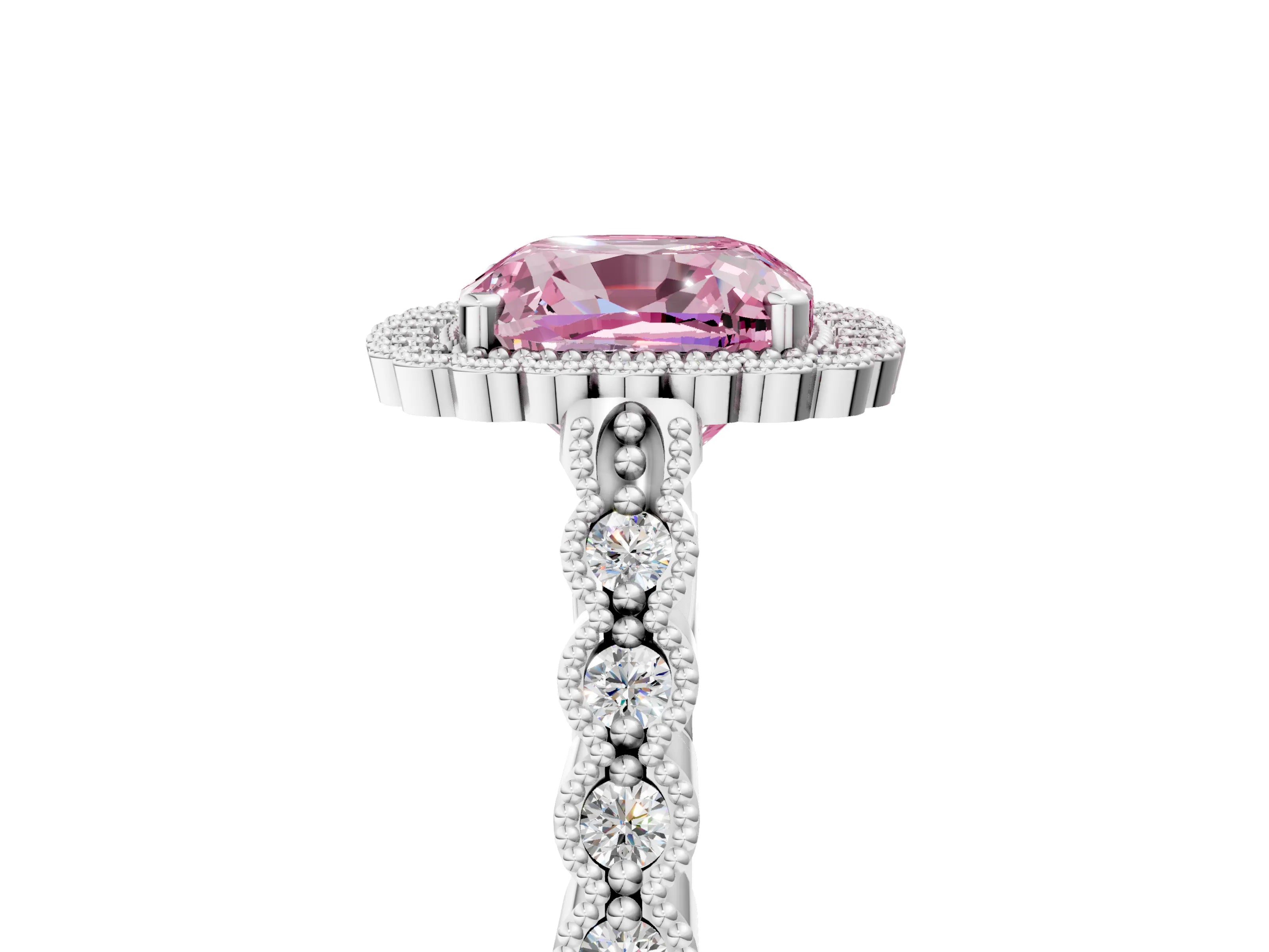 White gold Fancy Pink Cushion Cut Cut Halo Pavé Solitaire Ring with Milgrain Band_17
