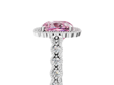 White gold Fancy Pink Cushion Cut Cut Halo Pavé Solitaire Ring with Milgrain Band_17