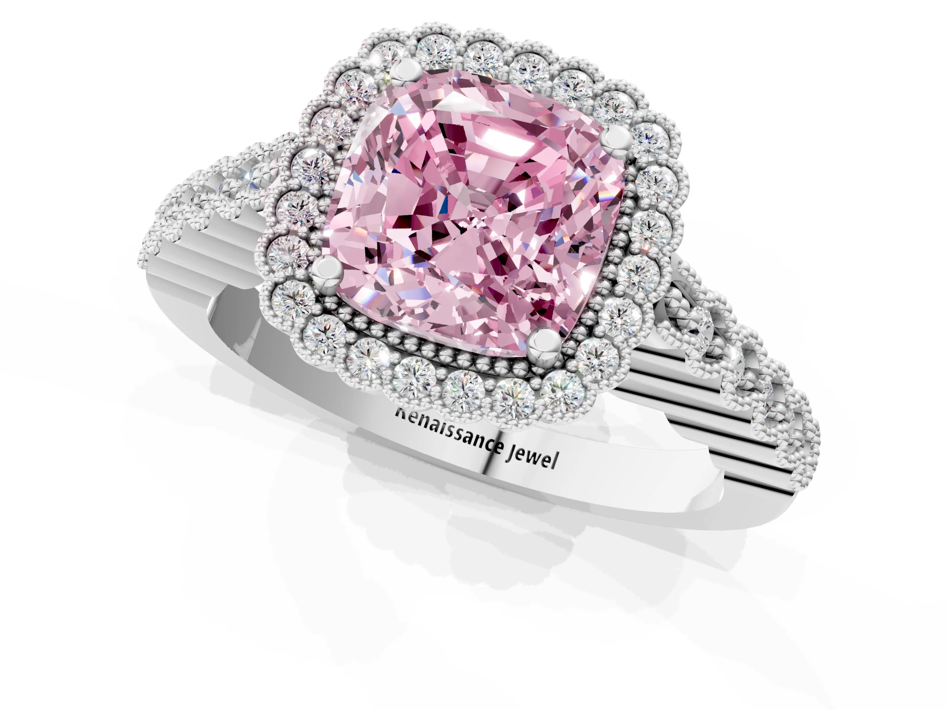 White gold Fancy Pink Cushion Cut Cut Halo Pavé Solitaire Ring with Milgrain Band_1