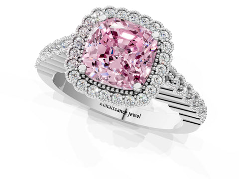 White gold Fancy Pink Cushion Cut Cut Halo Pavé Solitaire Ring with Milgrain Band_1