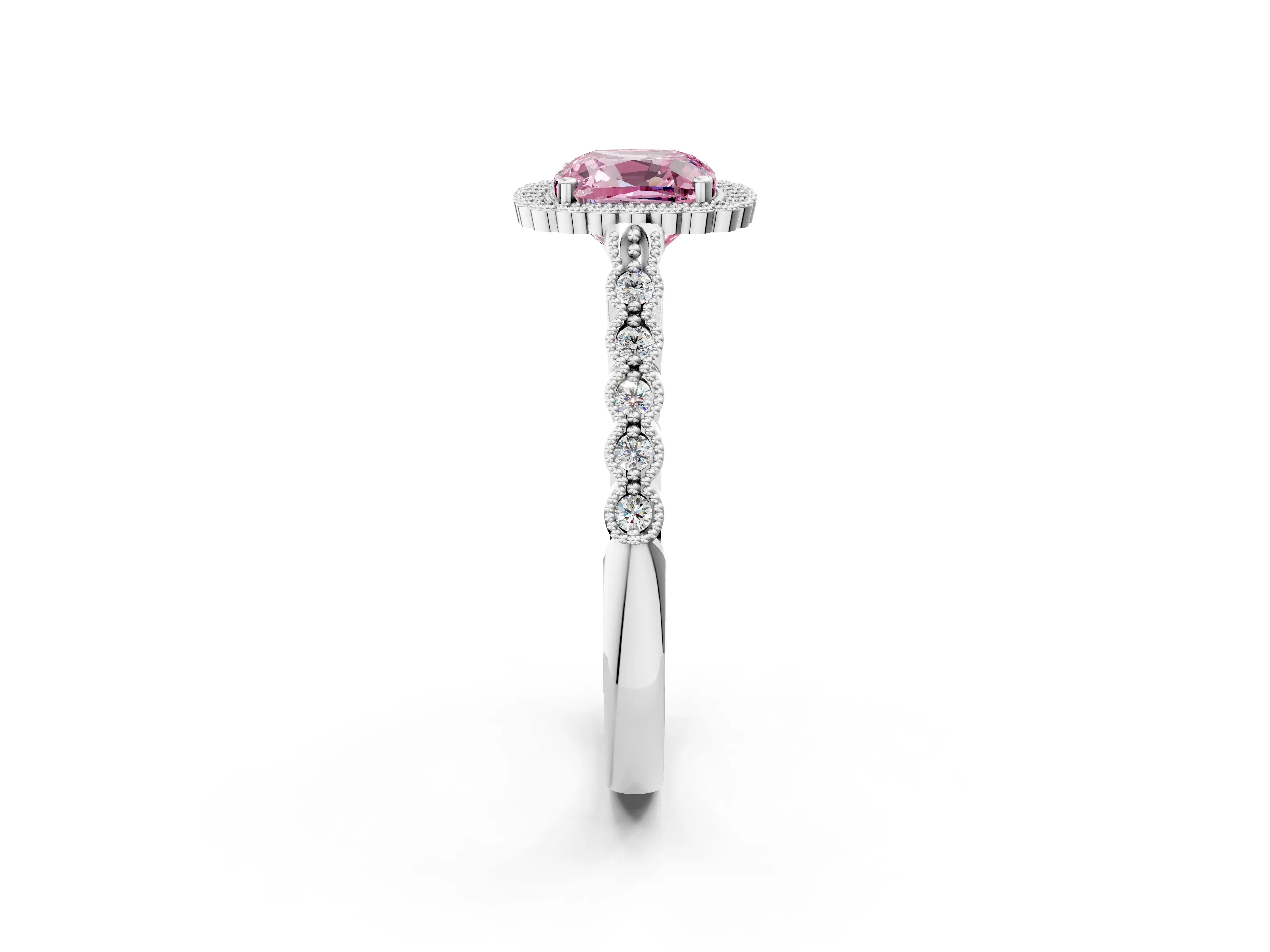 White gold Fancy Pink Cushion Cut Cut Halo Pavé Solitaire Ring with Milgrain Band_2