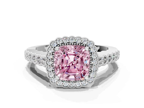White gold Fancy Pink Cushion Cut Cut Halo Pavé Solitaire Ring with Milgrain Band