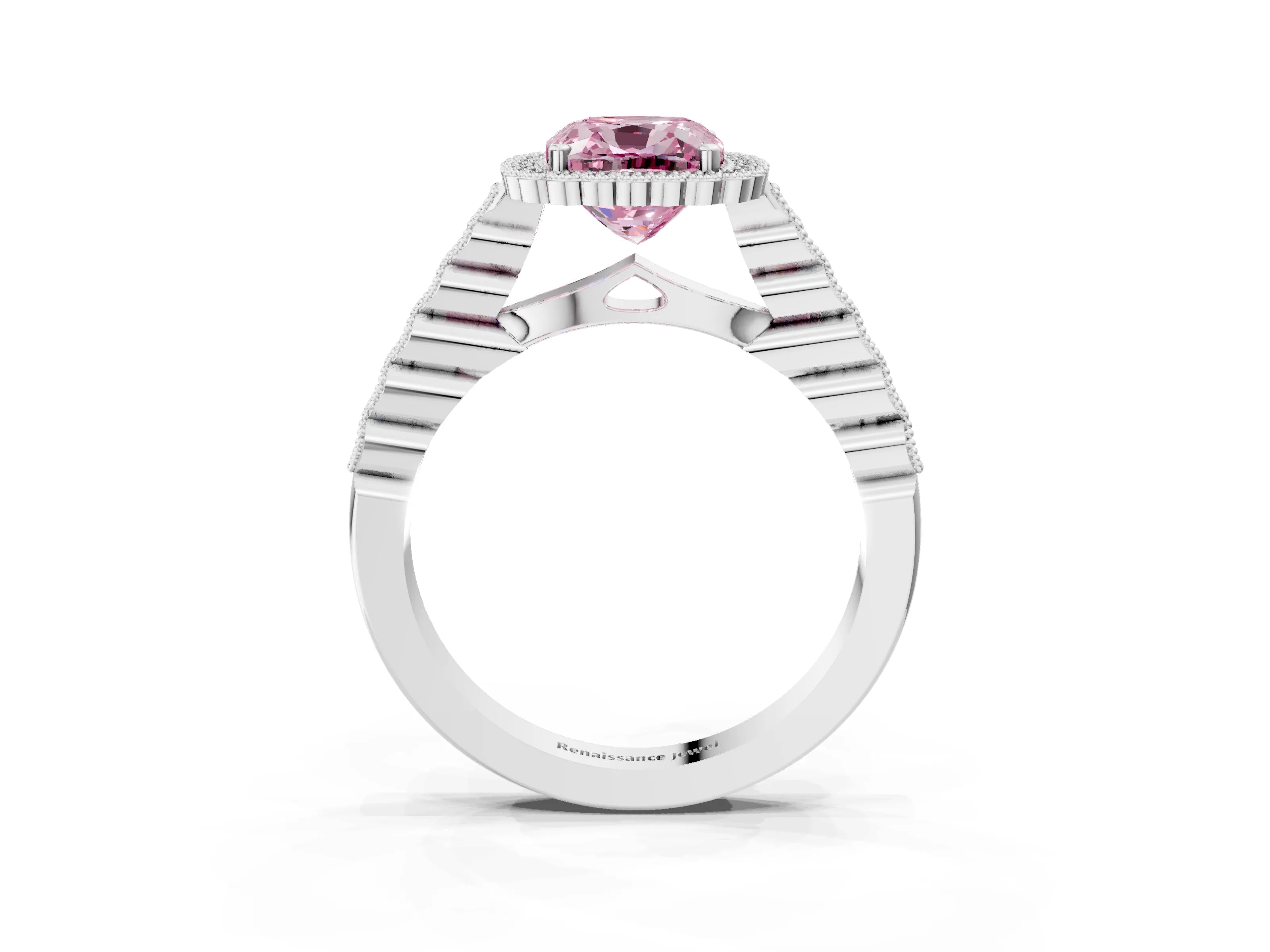 White gold Fancy Pink Cushion Cut Cut Halo Pavé Solitaire Ring with Milgrain Band_3