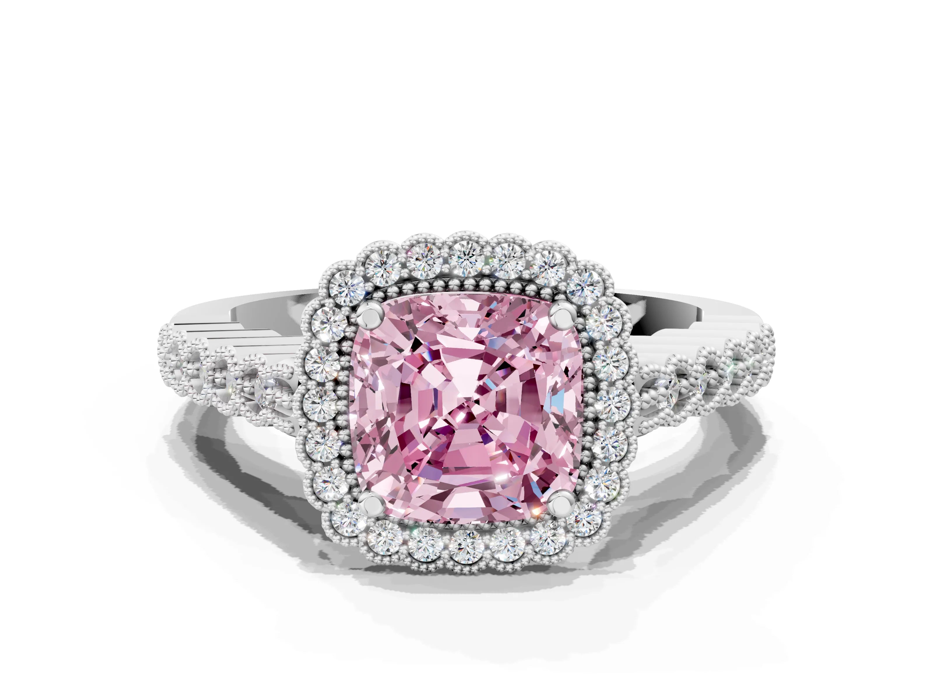 White gold Fancy Pink Cushion Cut Cut Halo Pavé Solitaire Ring with Milgrain Band