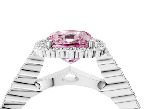 White gold Fancy Pink Cushion Cut Cut Halo Pavé Solitaire Ring with Milgrain Band_4