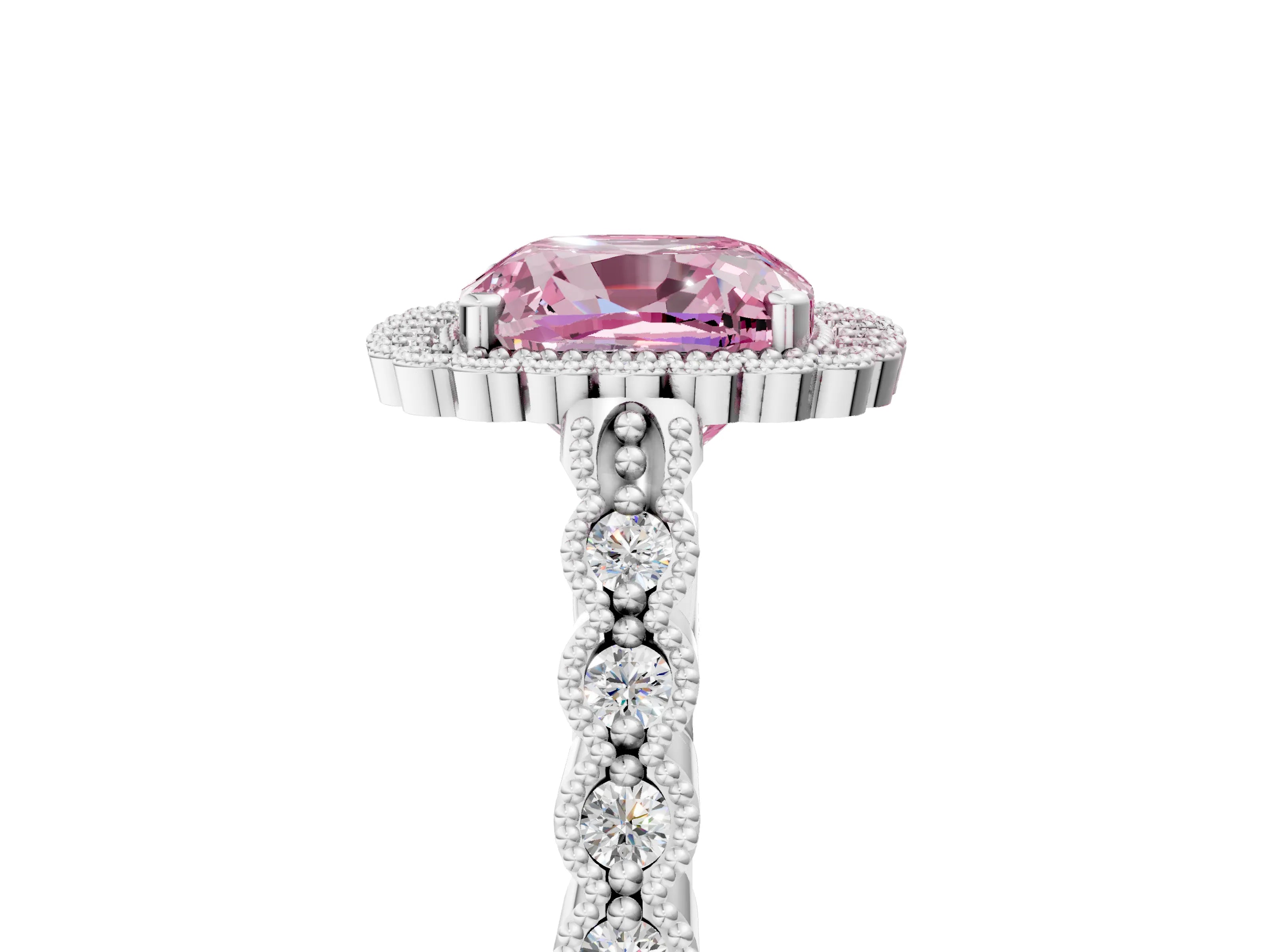 White gold Fancy Pink Cushion Cut Cut Halo Pavé Solitaire Ring with Milgrain Band_5