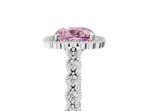 White gold Fancy Pink Cushion Cut Cut Halo Pavé Solitaire Ring with Milgrain Band_5