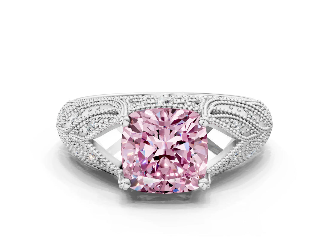 White gold Fancy Pink Cushion Cut Cut Milgrain Pave Diamond Engagement Ring with Four-Prong Setting_15