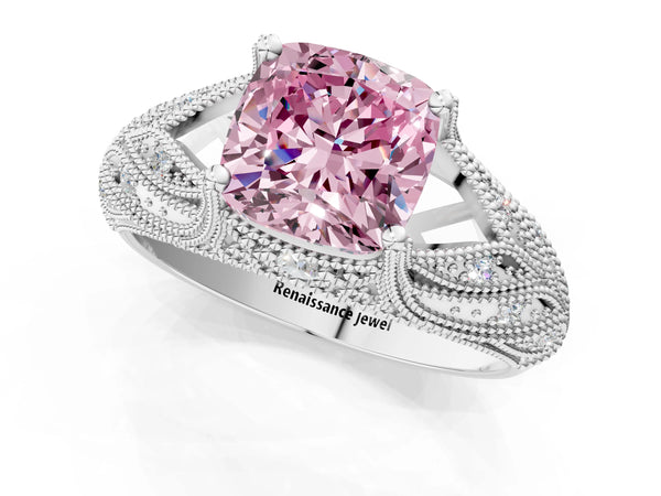 Platinum Fancy Pink Cushion Cut Cut Milgrain Pave Diamond Engagement Ring with Four-Prong Setting
