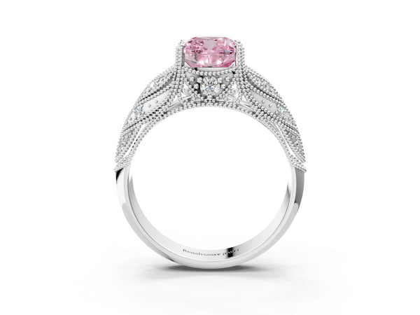 Platinum Fancy Pink Cushion Cut Cut Milgrain Pave Diamond Engagement Ring with Four-Prong Setting