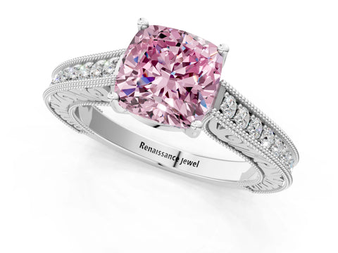 White gold Fancy Pink Cushion Cut Cut Pave Band Milgrain Solitaire Ring_1