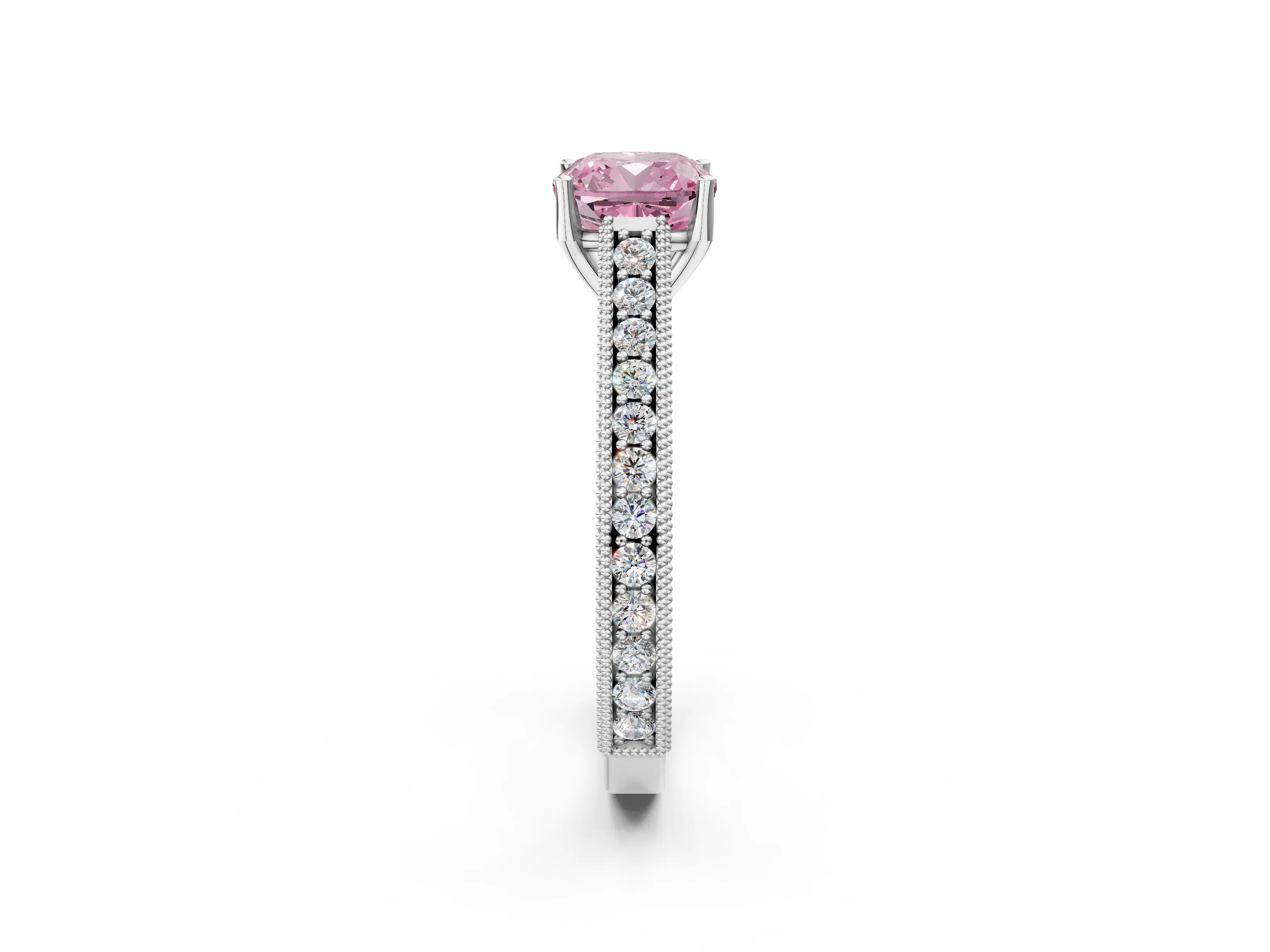 White gold Fancy Pink Cushion Cut Cut Pave Band Milgrain Solitaire Ring_2