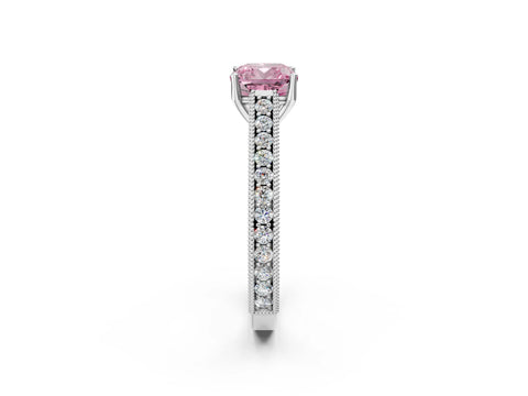 White gold Fancy Pink Cushion Cut Cut Pave Band Milgrain Solitaire Ring_2