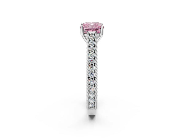 White gold Fancy Pink Cushion Cut Cut Pave Band Milgrain Solitaire Ring