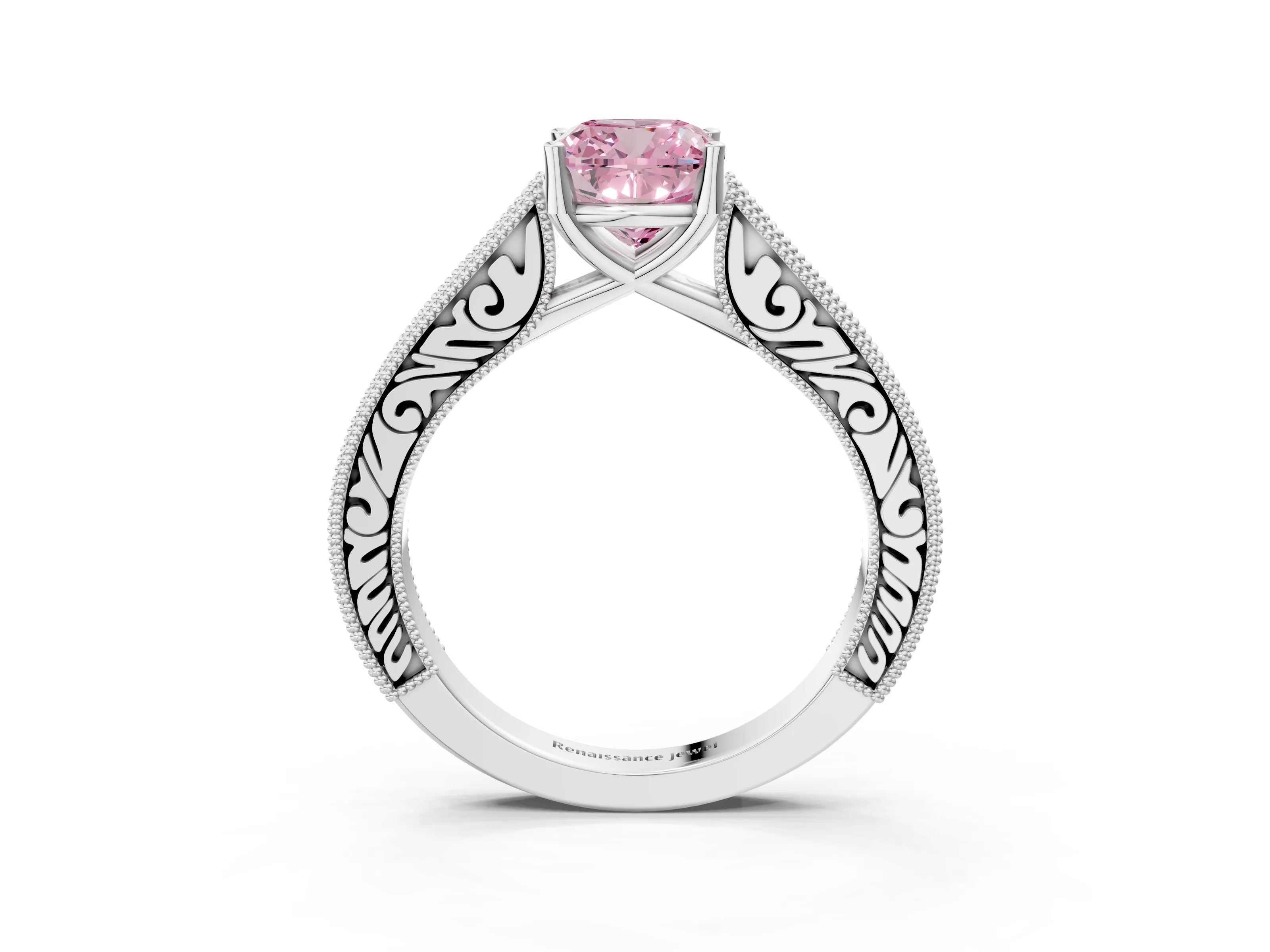 White gold Fancy Pink Cushion Cut Cut Pave Band Milgrain Solitaire Ring_3