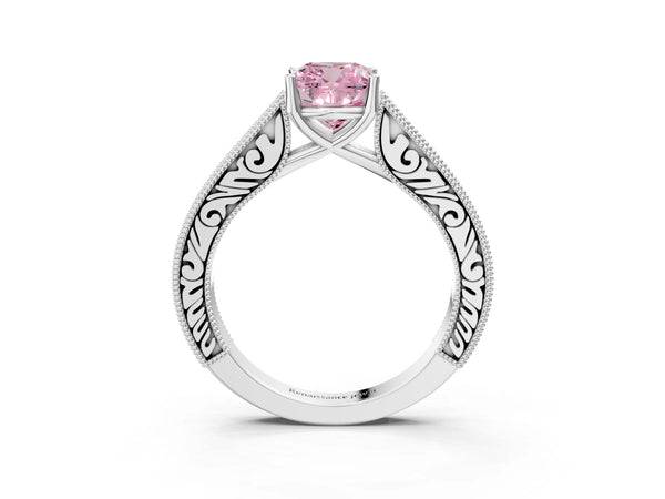 White gold Fancy Pink Cushion Cut Cut Pave Band Milgrain Solitaire Ring
