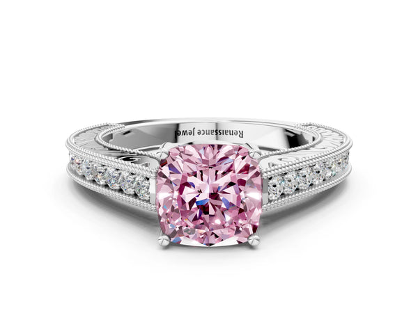 White gold Fancy Pink Cushion Cut Cut Pave Band Milgrain Solitaire Ring
