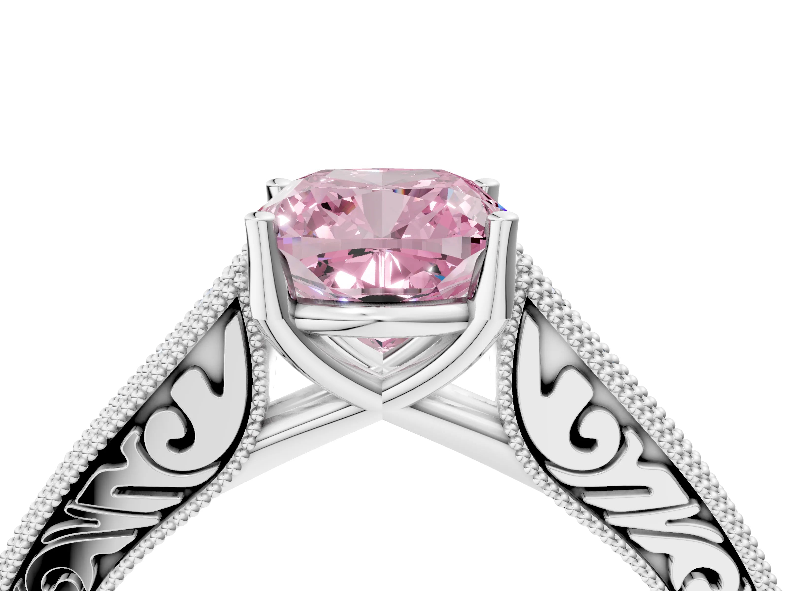White gold Fancy Pink Cushion Cut Cut Pave Band Milgrain Solitaire Ring_4