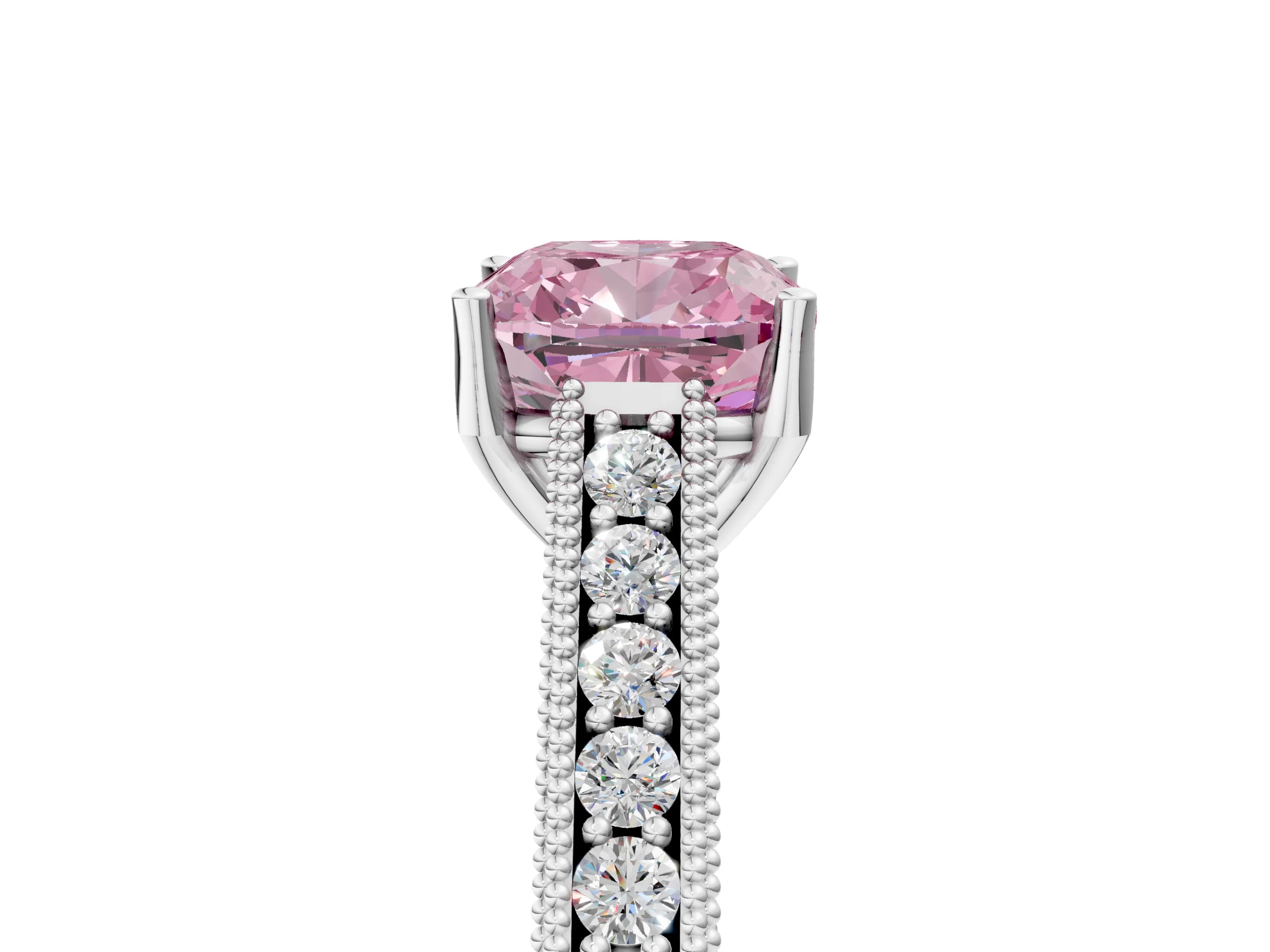 White gold Fancy Pink Cushion Cut Cut Pave Band Milgrain Solitaire Ring_5