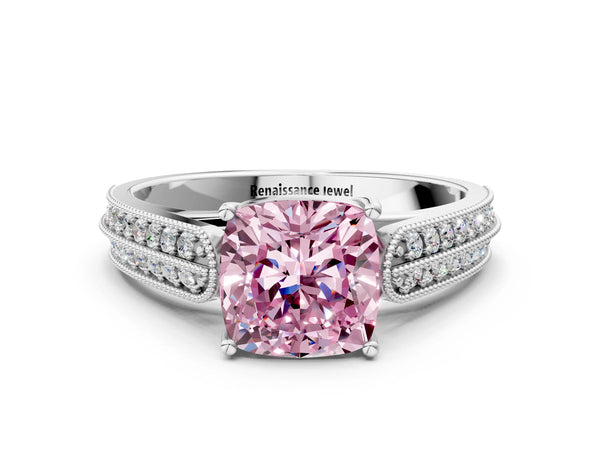 Platinum Fancy Pink Cushion Cut Cut Pave Split Shank Engagement Ring with Four-Prong Setting