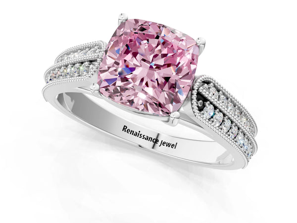 Platinum Fancy Pink Cushion Cut Cut Pave Split Shank Engagement Ring with Four-Prong Setting
