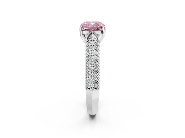 Platinum Fancy Pink Cushion Cut Cut Pave Split Shank Engagement Ring with Four-Prong Setting
