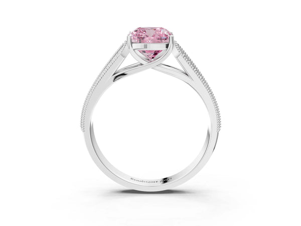 Platinum Fancy Pink Cushion Cut Cut Pave Split Shank Engagement Ring with Four-Prong Setting