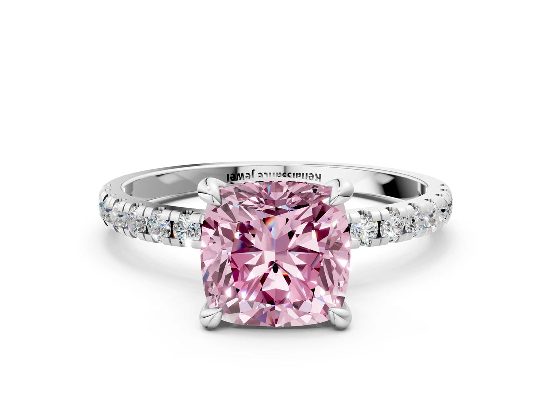 White gold Fancy Pink Cushion Cut Diamond Brilliant Solitaire Ring with Pavé Band and Four-Prong Setting_12