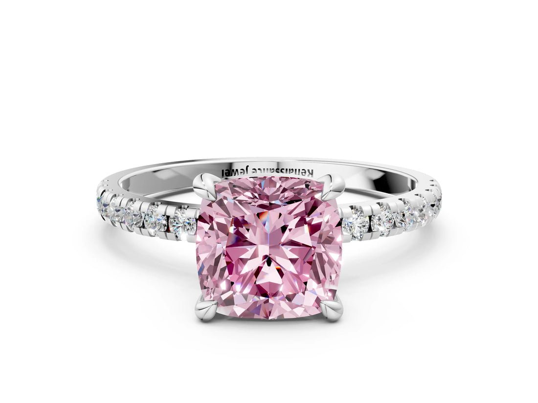 White gold Fancy Pink Cushion Cut Diamond Brilliant Solitaire Ring with Pavé Band and Four-Prong Setting_24
