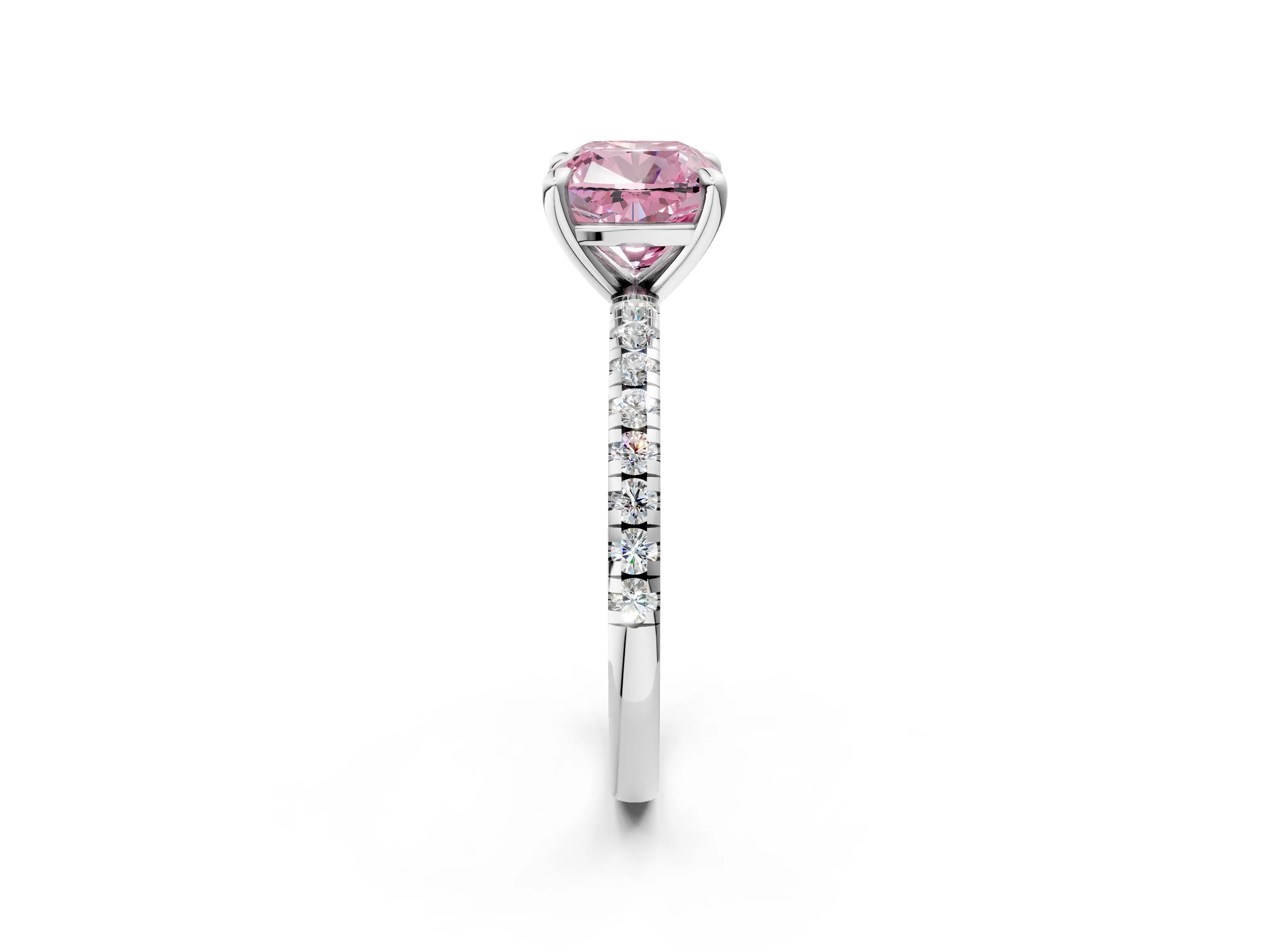 White gold Fancy Pink Cushion Cut Diamond Brilliant Solitaire Ring with Pavé Band and Four-Prong Setting_2