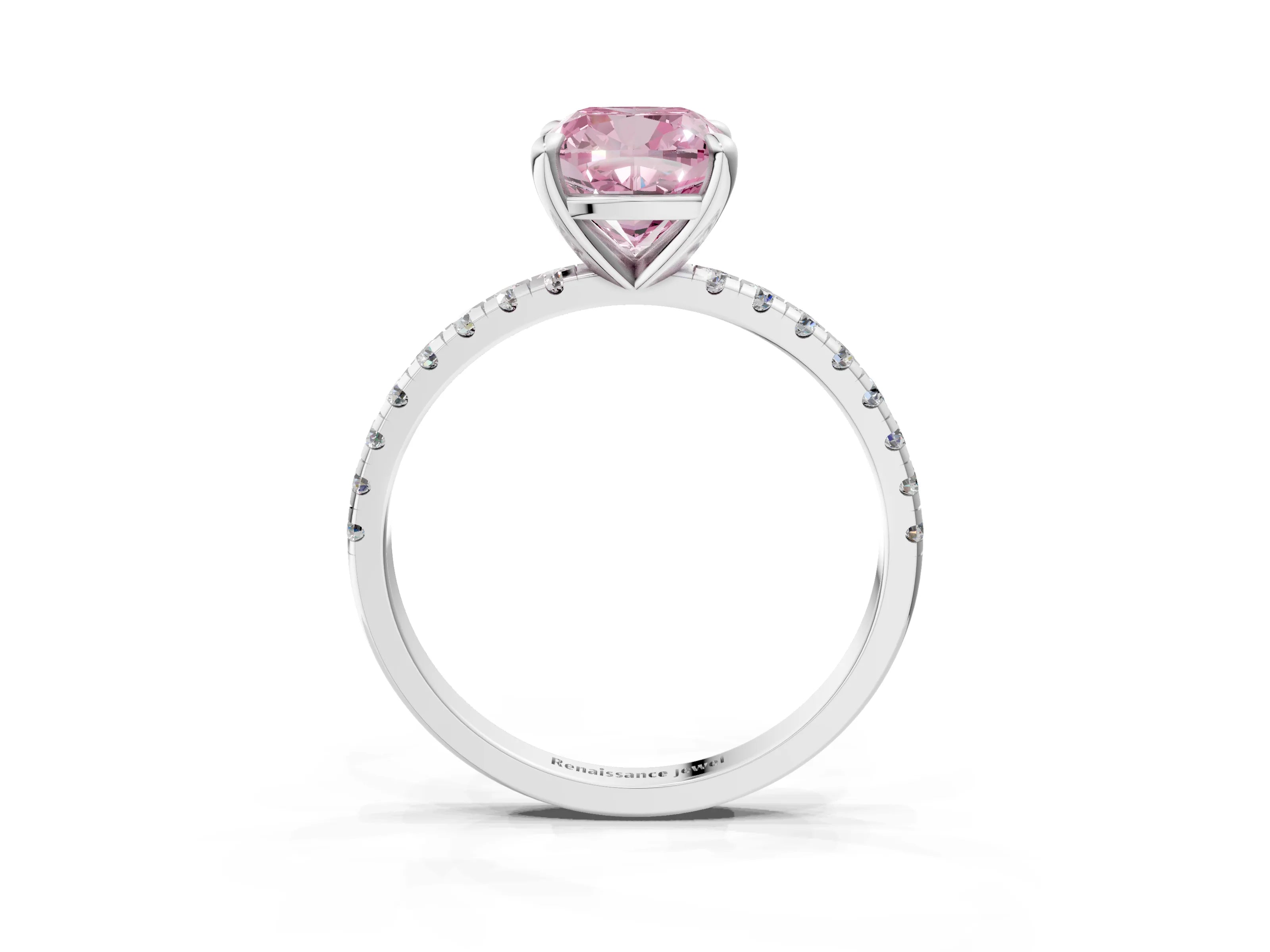 White gold Fancy Pink Cushion Cut Diamond Brilliant Solitaire Ring with Pavé Band and Four-Prong Setting_3