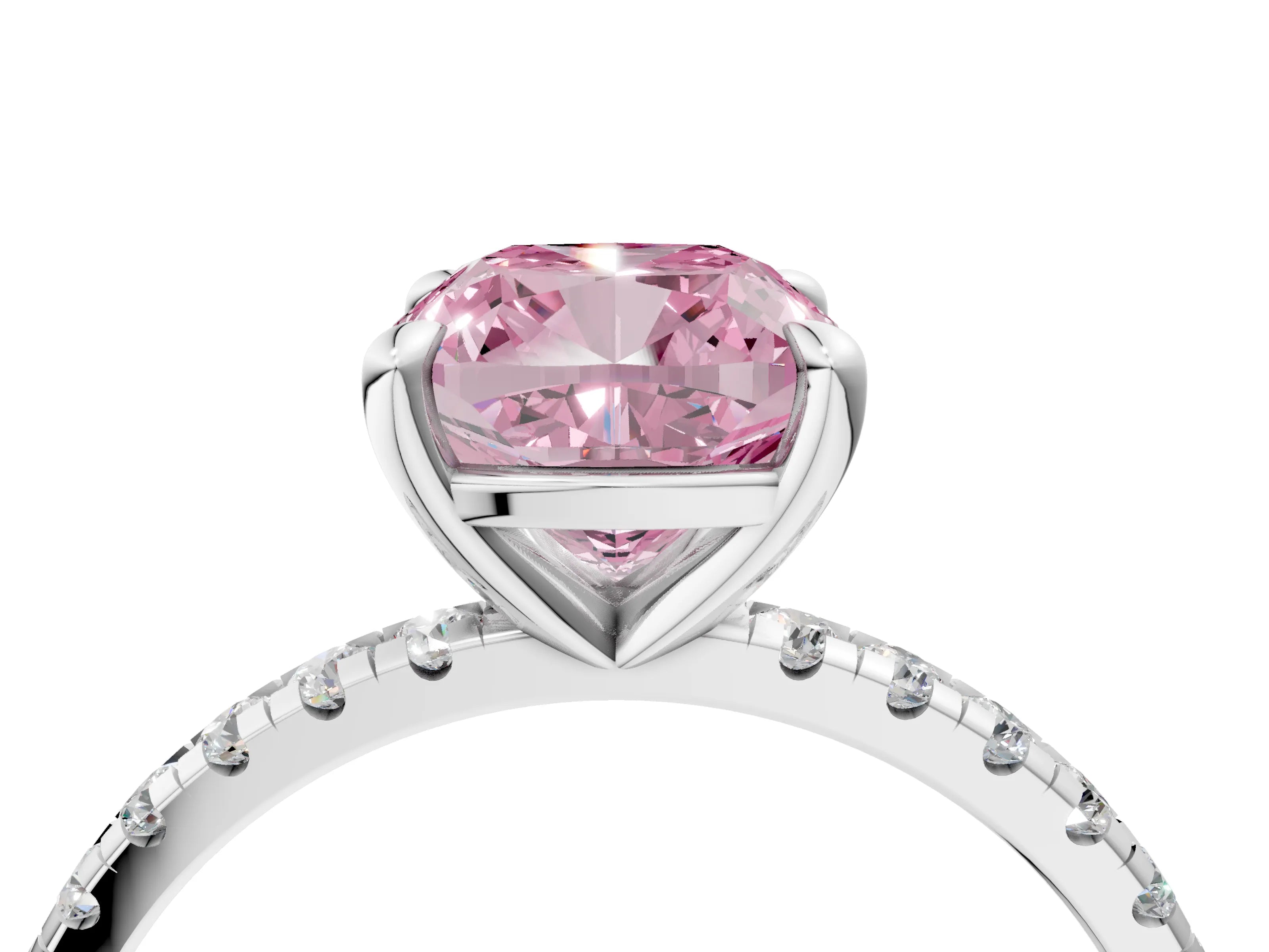 White gold Fancy Pink Cushion Cut Diamond Brilliant Solitaire Ring with Pavé Band and Four-Prong Setting_4