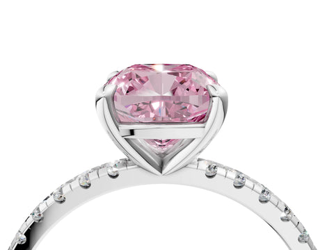 White gold Fancy Pink Cushion Cut Diamond Brilliant Solitaire Ring with Pavé Band and Four-Prong Setting_4