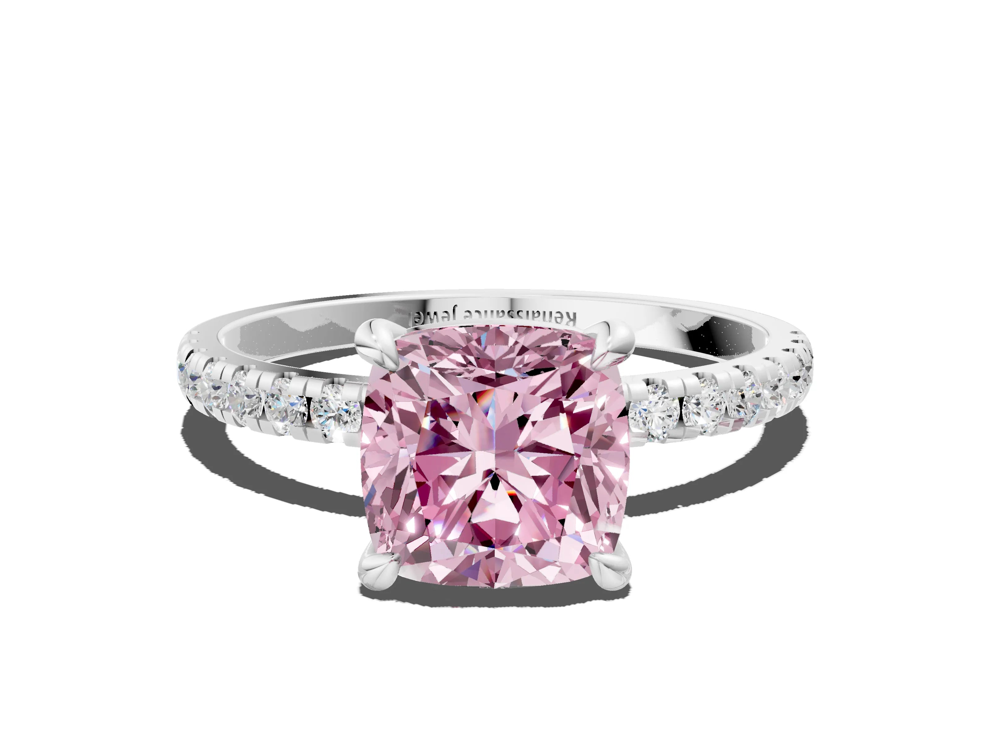 White gold Fancy Pink Cushion Cut Diamond Brilliant Solitaire Ring with Pavé Band and Four-Prong Setting