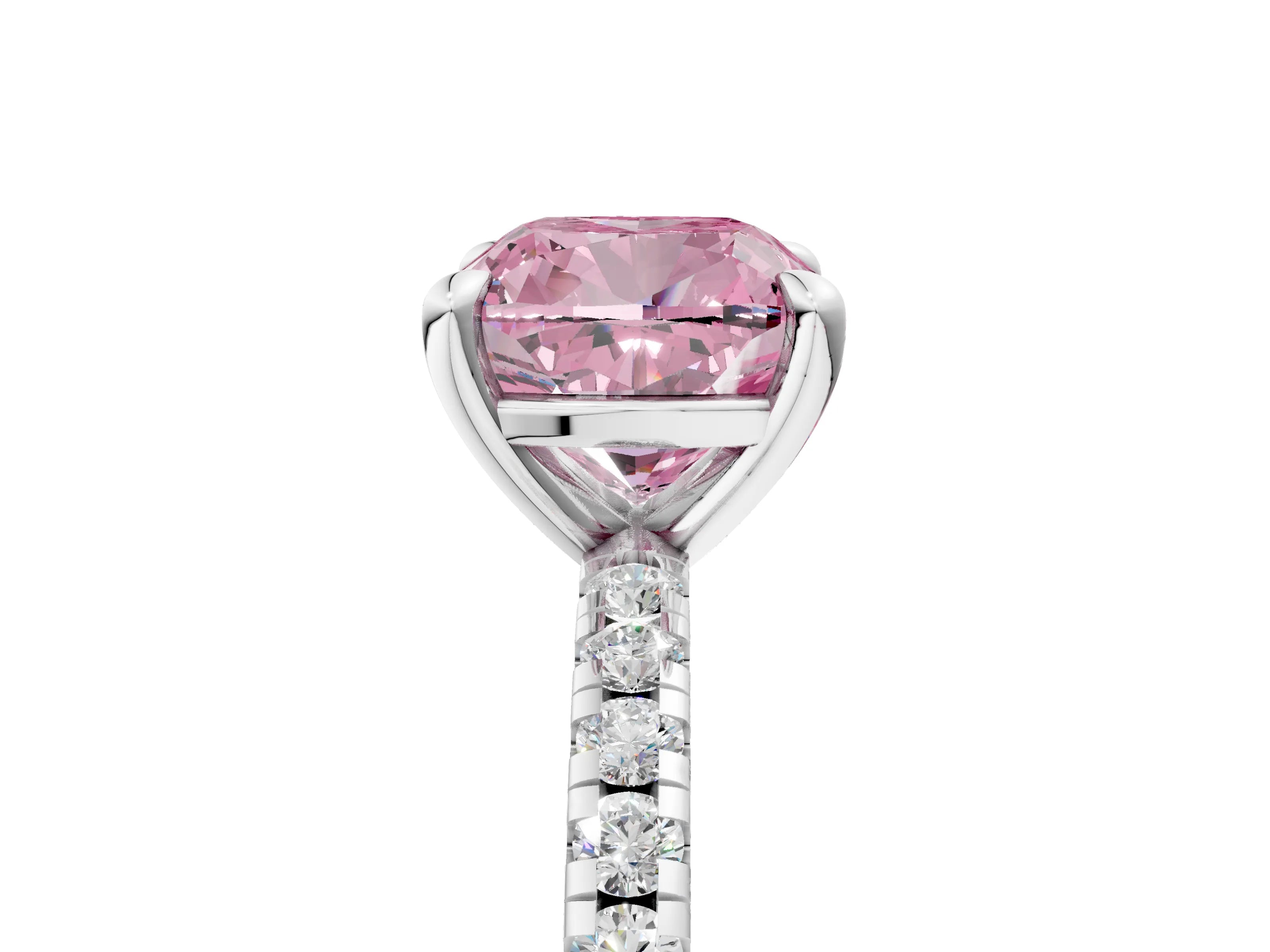White gold Fancy Pink Cushion Cut Diamond Brilliant Solitaire Ring with Pavé Band and Four-Prong Setting_5
