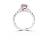 White gold Fancy Pink Cushion Cut Diamond Cathedral Solitaire Ring with Round  Pavé Band_234