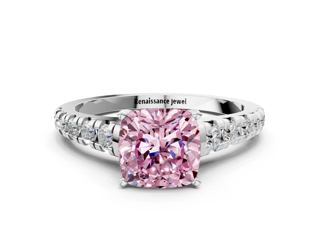 White gold Fancy Pink Cushion Cut Diamond Cathedral Solitaire Ring with Round  Pavé Band_240