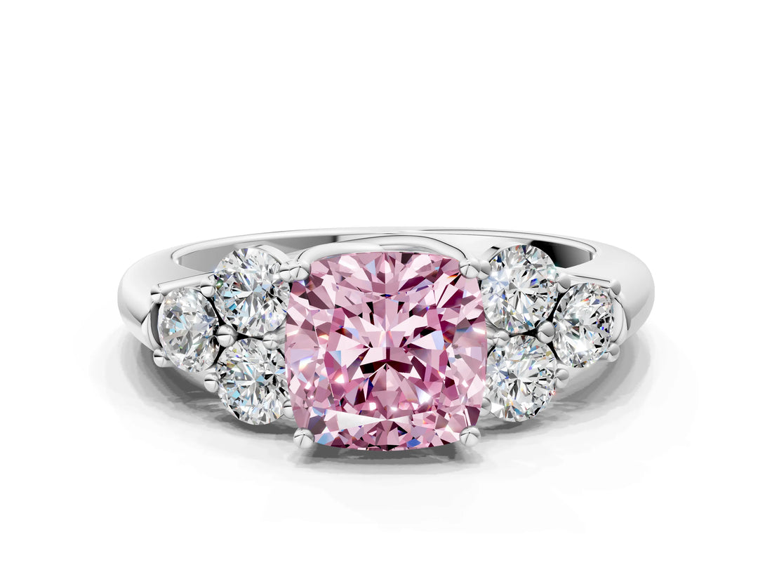 White gold Fancy Pink Cushion  Cut Diamond Cluster Ring with Round Accent Stones and Prong Setting on a Classic Band_48