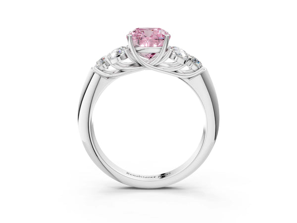 White gold Fancy Pink Cushion  Cut Diamond Cluster Ring with Round Accent Stones and Prong Setting on a Classic Band