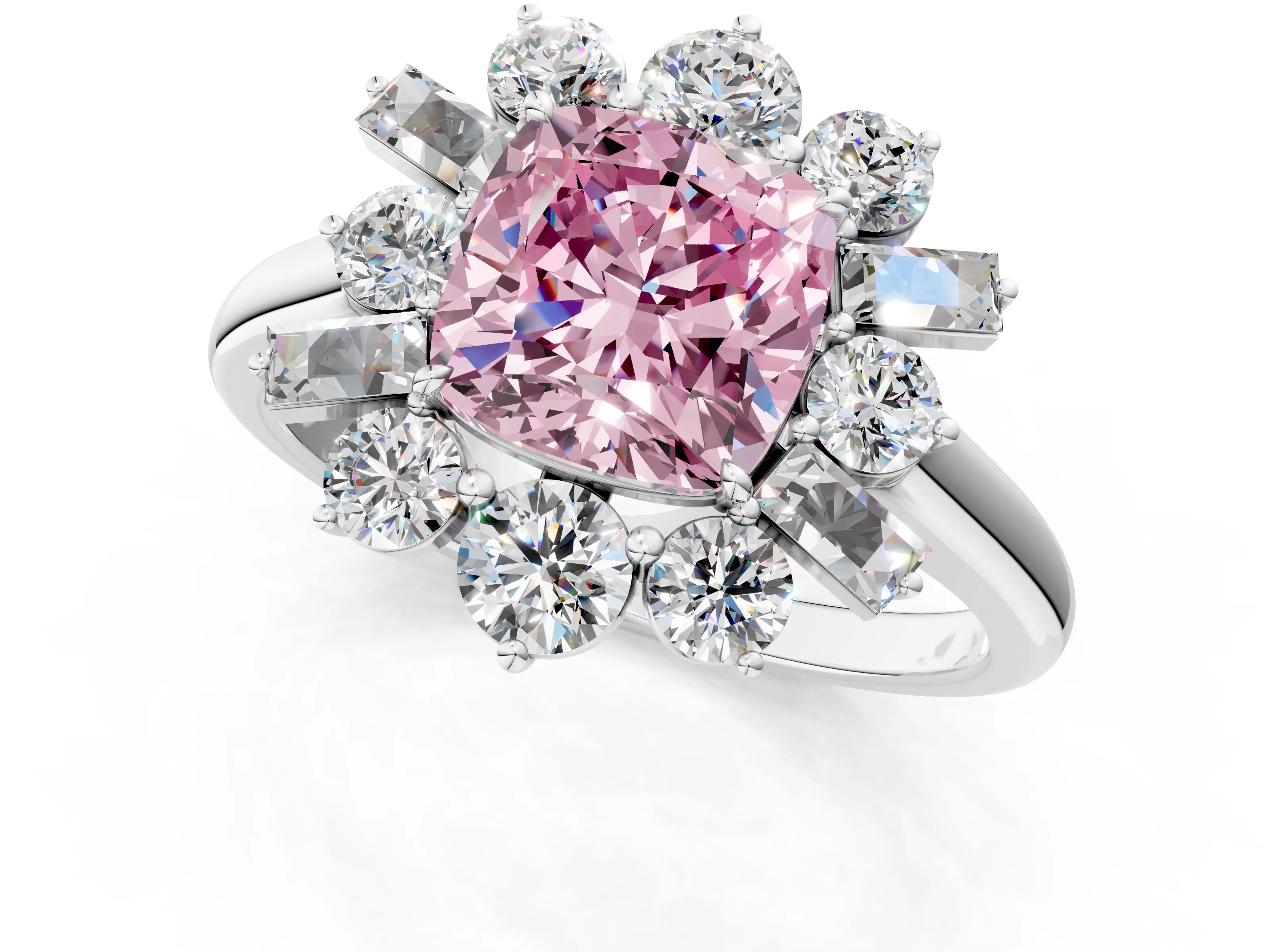White gold Fancy Pink Cushion Cut Diamond Cluster Ring with Round and Baguette Stones, Split Shank Band, Prong Setting_1