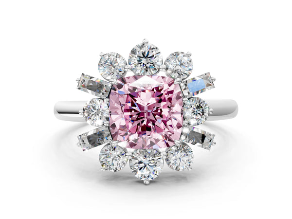 Platinum Fancy Pink Cushion Cut Diamond Cluster Ring with Round and Baguette Stones, Split Shank Band, Prong Setting
